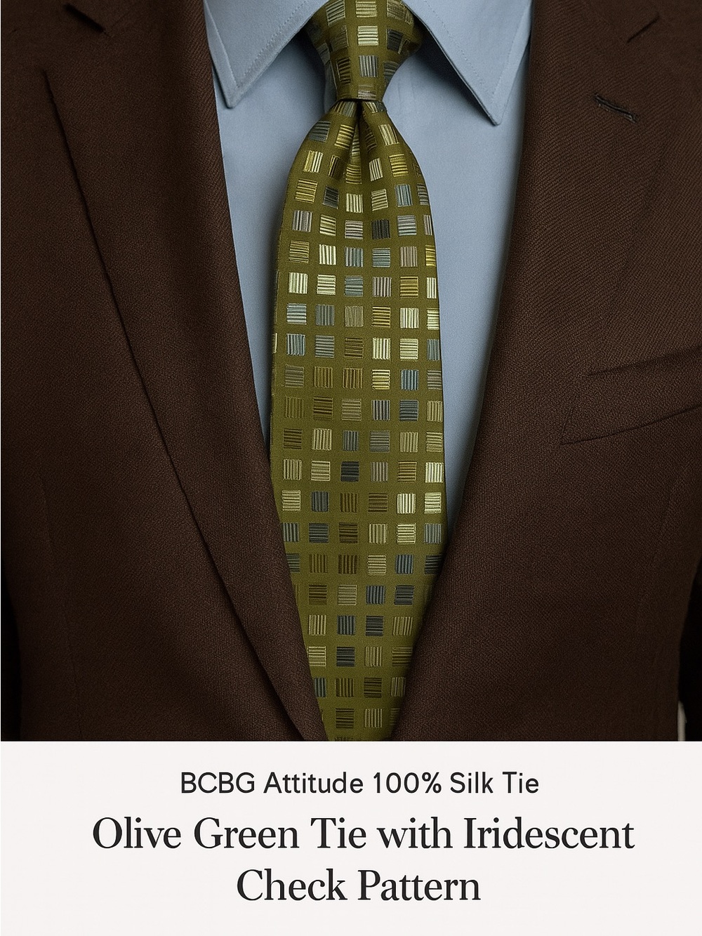 BCBG Attitude Silk Tie Olive Geometric Square Designer Career